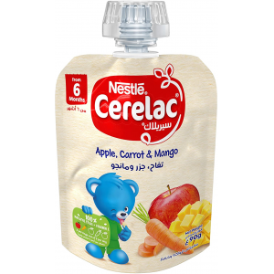CERELAC FRUITS & VEGETABLES PUREE POUCH APPLE CARROT & MANGO 90 GM